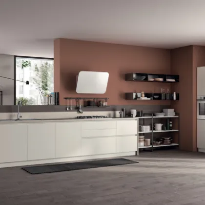 Cucina lineare su misura Evolution in laccato Bianco opaco e mensole in decorativo Concrete Jersey di Scavolini