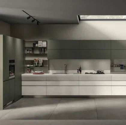 Cucina su misura Motus 05 in Pietra Solar e laccato opaco Verde Minerale di Scavolini