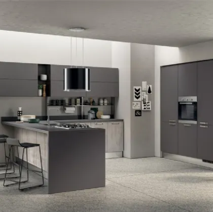 Cucina su misura con penisola Sax in decorativo Concrete Medium e Grafite di Scavolini